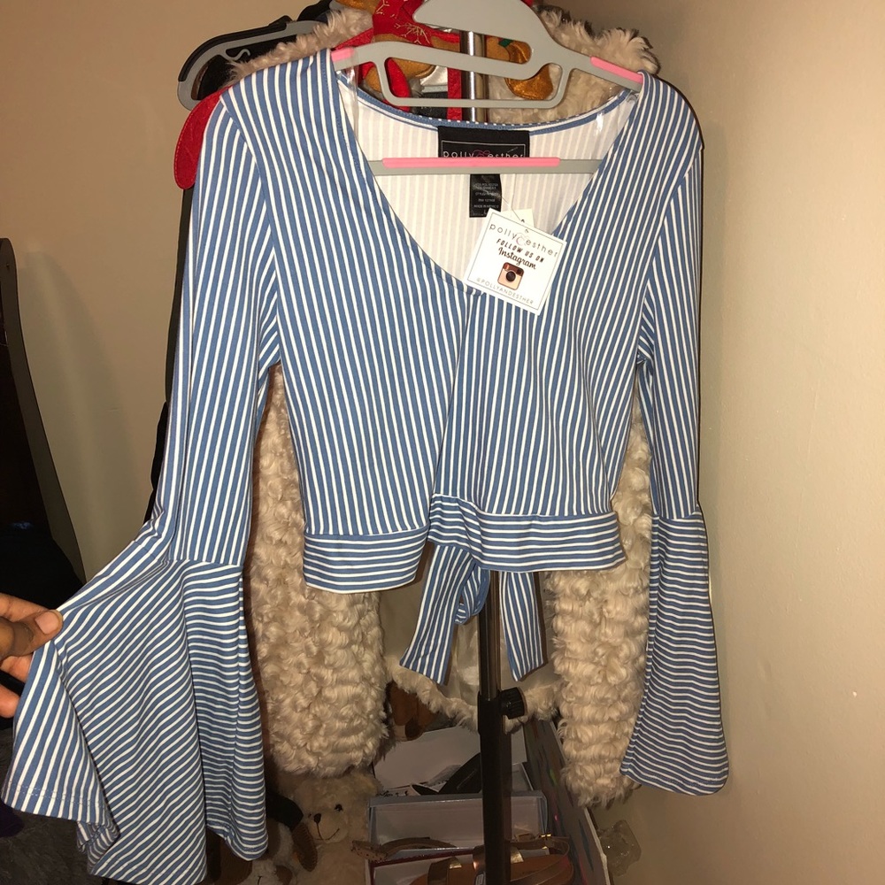 Blue/White Flare Tie Around Crop Top